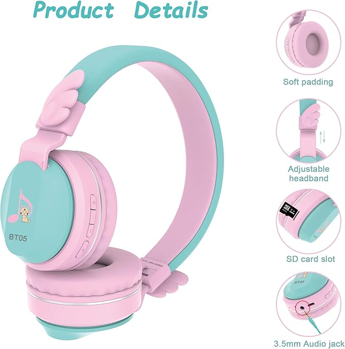 Kids Bluetooth Headphones, Riwbox BT05 Wireless Kids Headphones Over Ear with Volume Limited and Mic/TF Card Compatible for iPad/iPhone/Tablet (Pink&Green)