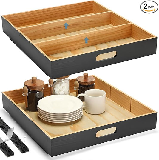 2 PCS Wood Pull Out Cabinet Organizers with Removable Dividers, 20''W x 21''D Nail-free Wood Sliding Drawers with Adhesive Tape, Roll Out Shelves for Kitchen, Pantry, Office (Black)