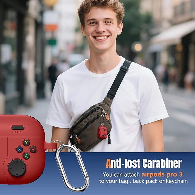 Getino Game Case for AirPods Pro 3 Case 2025, Shockproof Silicone Cover for Apple AirPods Pro 3 – with Cleaner Kit & Keychain, Classic Cool Funny Durable Protective Case for Men Boy–Red