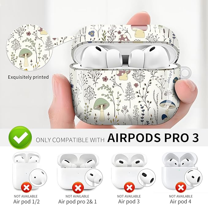 Compatible with AirPod Pro 3 (2025),Cute Case Cover for Women & Men, Full Protection Shockproof Hard Case with Keychain, Wireless Charging Case Accessories(Colorful Wild Plants Fungus)
