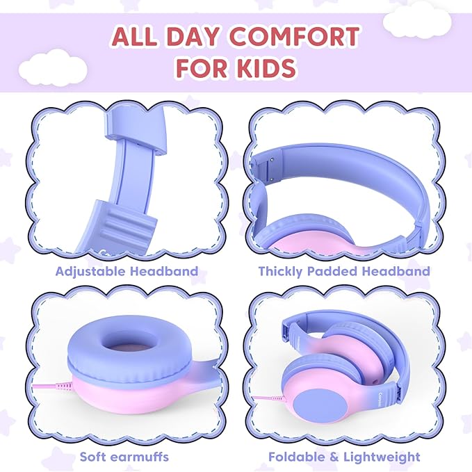 USB Type C Kids Headphones, Wired Headphones for Kids with Microphone, 85/94dB Volume Limit, Stereo Sound, Foldable Over-Ear USB-C Headphones for School/Travel/Tablet/iPad, Purple