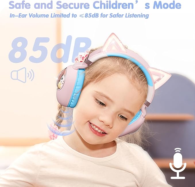 esonstyle Kids Headphones Cat Ear - Bluetooth 5.4 Over-Ear Noise Cancelling Headphones with Microphone LED Lights Up 85dB Safe Volume Limit Wireless or 3.5mm Wired USB C(Pink Blue)