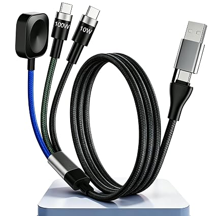 Multi Fast Charging Cable for Apple Watch - 100W Dual USB C Fast Charging Cable for iPhone 17/16/15/14/13/iWatch, 3 in 2 Portable Watch Charging Cord with 2 USB C and iWatch Charger Port, 6.5FT