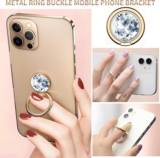 Cell Phone Ring Holder, Cute Metal Phone Grip Stand Finger Ring Kickstand, Flexible 360°Rotation Phone Tablet Case Accessories Compatible with Most Phones Luxury Blue Flowers