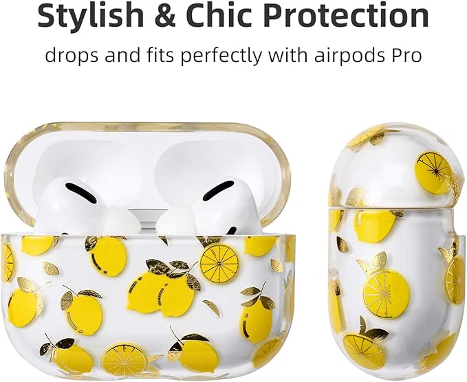 Compatible with Apple Airpods Pro Case for Women, Clear with Designs Patterns Airpods Pro Hard Case PC Shockproof [Front LED Visible ] Anti-Fall Full Protector, Lemon