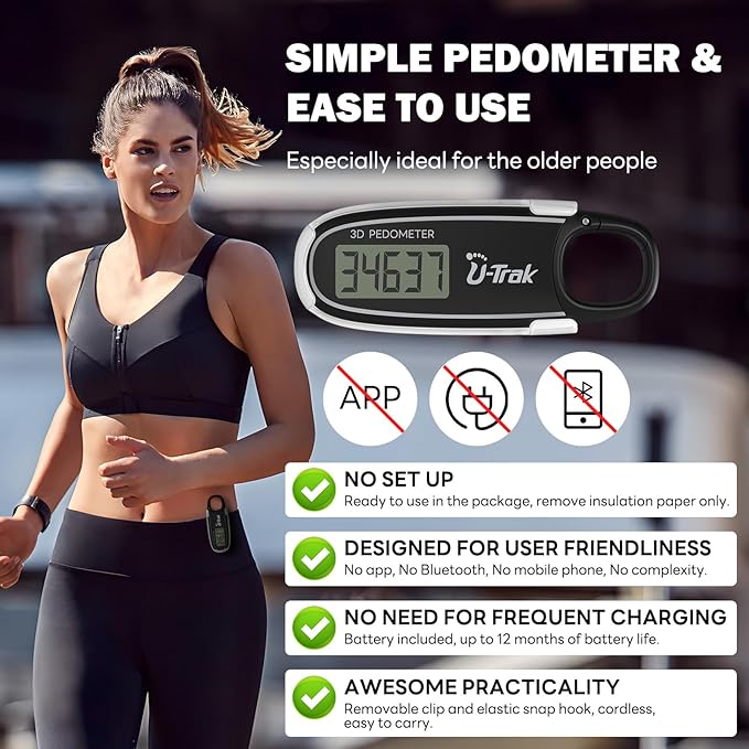 3D Pedometer for Walking with Removable Clip and Carabiner Simple Step Counter for Walking Accurate Clip On Step Tracker for Men Women Kids