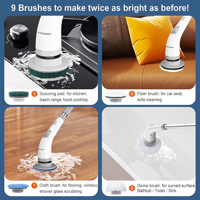 9-in-1 Multi-Purpose Electric Spin Scrubber for Cleaning, 2 Speed Long Handle Shower Scrubber, Replaceable Cleaner Brush Heads for Floors, Windows, Bathtub, Grout, Tiles, Sink, Car, Bathroom