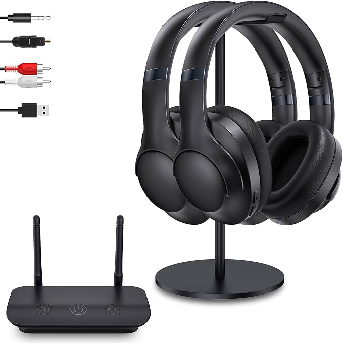 Dual Wireless TV Headphones with Transmitter, 2.4GHz Zero Delay&295ft,Black