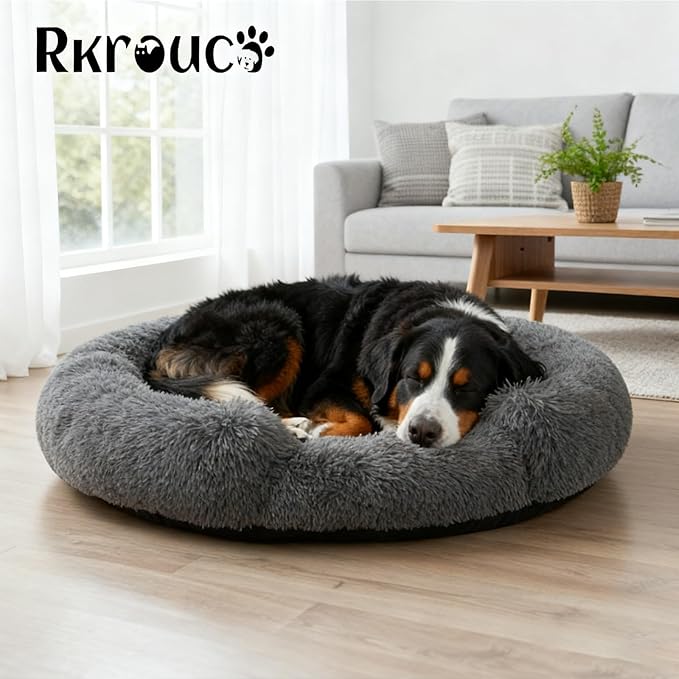Fluffy Dog Bed Calming Donut Beds for Large Dogs Warming Round Small Medium Pet Nest Cozy Cat Mattress Indoor Washable Puppy Kennel Kittens Sleep Mat (L, 35.4×35.4 inch, Dark Gray)