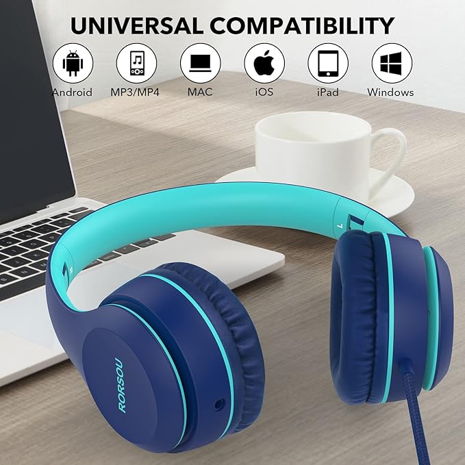 RORSOU K5 Kids Headphones with Microphone for shchool, Volume Limiter 85/94dB, Foldable Stereo Tangle-Free 3.5mm Jack Wired Cord On-Ear Headphones for Children/Boys/Girls/Kindle/Tablet/MP3/4 (Blue)