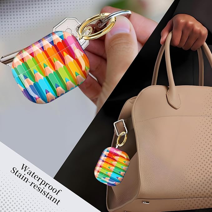 Case for AirPod Pro 3 Shock-Proof Protective Hard Case with Golden Keychain Compatible with Apple Airpods Pro 3rd Generation 2025 (Rainbow Pencil Pastel Vibes)