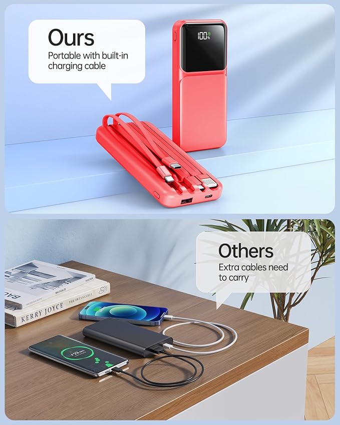 Portable Charger with Built in Cable - Power Bank Fast Charging USB C LED Display 10000mah Battery Pack 5 Outputs & 3 Inputs for Travel Essentials iPhone Samsung Android Phones Tablets Red