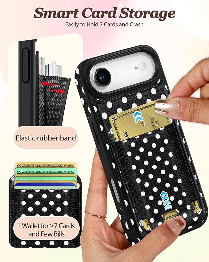 Shorogyt for iPhone Air Wallet Case - Fits 5 Cards, Compatible with Magsafe Detachable Magnetic Credit Card Holder Leather Cardholder Cute Phone Cover Women Girls for Apple 17 Air, Polka Dots