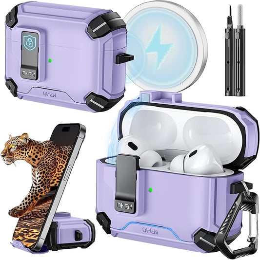 Inesore Compatible with AirPods Pro 2nd/1st Generation Case Cover with Phone Stand & Cleaning Kit,Compatible with Magsafe,Magnetic Automatic Lock for iPod Pro Charging Case(USB-C/Lightning Cable)