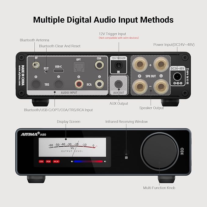 AIYIMA A80 Bluetooth Stereo Amplifier DAC HiFi Home Audio Component TPA3255 with PFFB,2 Channel Hi-Res Class D Power Amp | PC-USB COA Opt Inputs,Digital VU Meter | Pre-Out | TRS Balanced Input |Tone