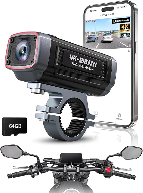 AKEEYO 710Pro EIS Motorcycle Camera with 2K 60FPS, 4K 30FPS 8MP WiFi Dash Cam, IP66 Waterproof, 143° Wide Angle Night Vision, G-Sensor Parking Mode, 64GB Card Included, 5GHz WiFi & HDR