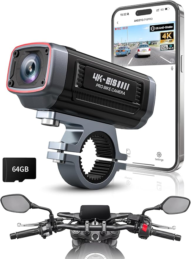 AKEEYO 710Pro EIS Motorcycle Camera with 2K 60FPS, 4K 30FPS 8MP WiFi Dash Cam, IP66 Waterproof, 143° Wide Angle Night Vision, G-Sensor Parking Mode, 64GB Card Included, 5GHz WiFi & HDR