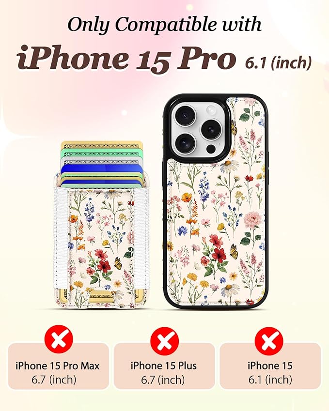 Shorogyt for iPhone 15 Pro Wallet Case - Fits 5 Cards, Compatible with Magsafe Detachable Magnetic Credit Card Holder Leather Cardholder Cute Phone Cover Women Girls for Apple 15Pro, Floral