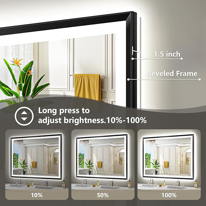 44x30 Black Framed LED Bathroom Mirror with Lights, Backlit and Front Light, Lighted Bathroom Vanity Mirror for Wall Dimmable Anti-Fog Memory Tempered Glass Horizontal/Vertical