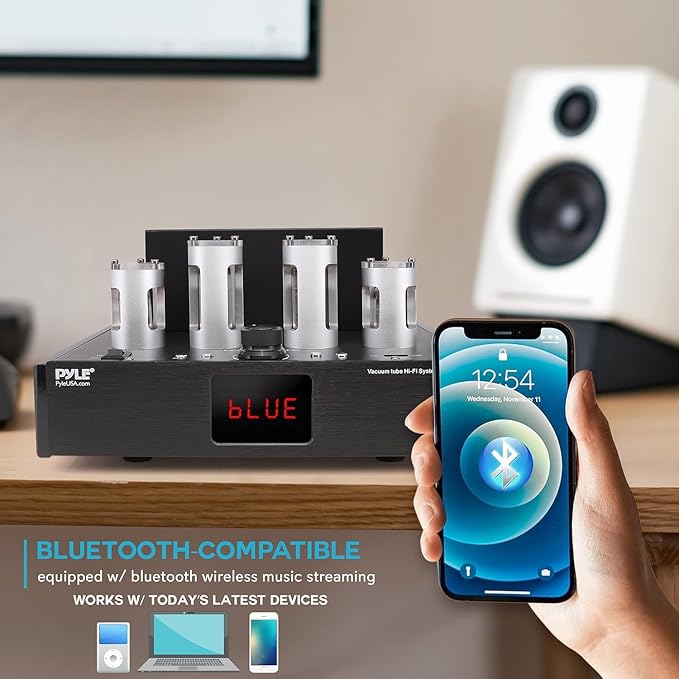 Pyle Bluetooth Tube Amplifier Receiver - 500W Home Theater Audio Desktop Stereo Vacuum Tube Hi-Fi Power Amplifier Receiver w/ 4 Vacuum Tubes, USB Reader, CD/DVD Input, Subwoofer Output