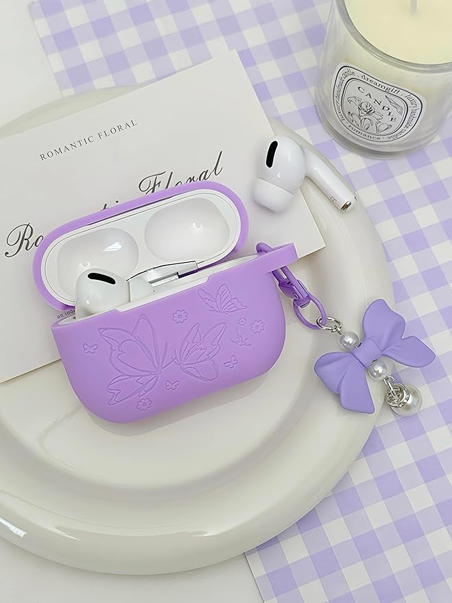 for AirPods Pro 2 Case Cover with Bow Keychain, DamonLight Cute Flower Floral Engraved Silicone Protective Case Cover Compatible with Apple Airpods Pro 2 Case for Women and Girls, Purple