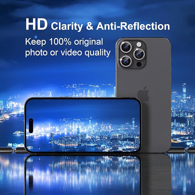 Misea Compatible for iPhone 16 Pro/iPhone 16 Pro Max Camera Lens Protector Bling, 9H Tempered Glass Camera Cover Screen Protector Metal Individual Ring Protector Decoration Accessories, Black Diamond