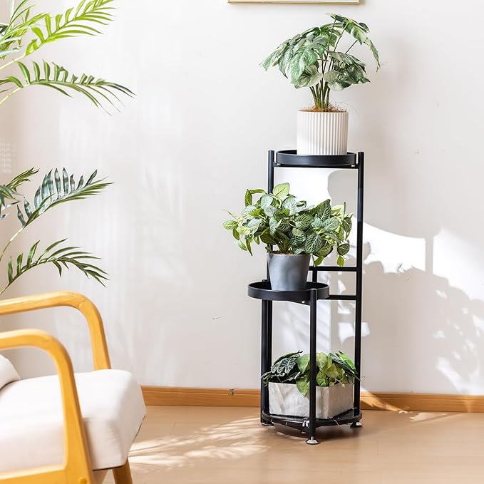 CHPHI 3 Tier Plant Stand, Tall Metal Shelf Holder for Indoor, Outdoor Display Rack Flower Pot Stand for Corner Living Room Balcony Garden Patio (black)