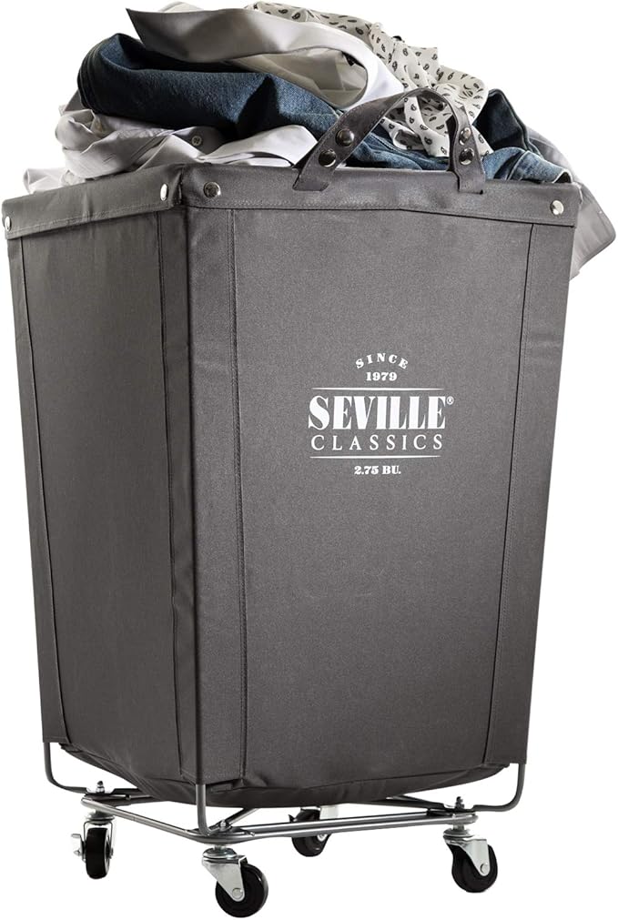 Seville Classics Large Commercial Heavy Duty Rolling Steel Frame Laundry Hamper Canvas Cart Bin, w/ Wheels for Hotel, Home, Closet, Bedroom (PATENTED), Gray, 18.1" D x 18.1" W