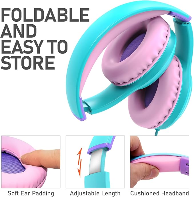 FosPower Kids Headphones with 3.5mm Laced Cables, Children & Teens Over The Ear Foldable Adjustable Headset w/Built-in Mic for Smartphones/PC/Tablet/Laptop/School (Max Volume 85dB) - Mint/Pink