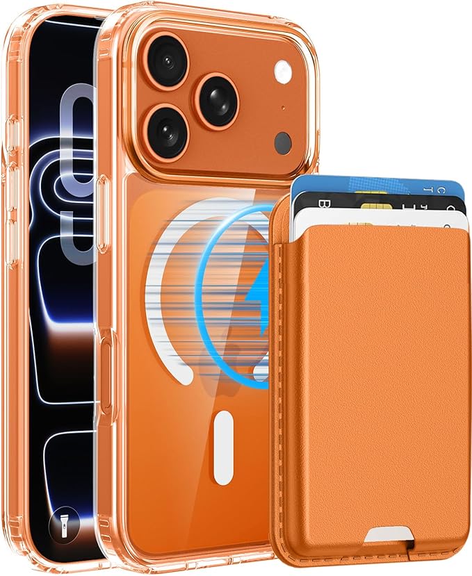 Magnetic for iPhone 17 Pro Clear Case with Orange Detachable Wallet, Compatible with MagSafe, Credit Card Holder with Slim Shockproof Protective Phone Cover