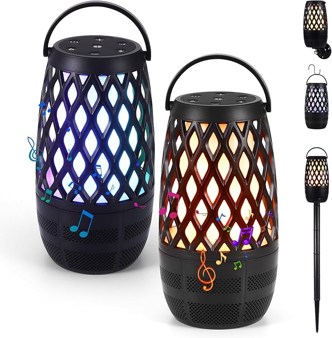 Upgraded Outdoor Bluetooth Speakers, 2 Pack RGB Flame Speaker Multi-Sync Speakers, Flame Torch Atmosphere Speaker for Party Garden Patio, IPX6 Waterproof, Gifts for Men Women