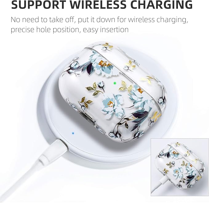 Compatible with Apple Airpods Pro Case for Women, Clear with Designs Patterns Airpods Pro Hard Case PC Shockproof [Front LED Visible ] Anti-Fall Full Protector Cover, Gardenia