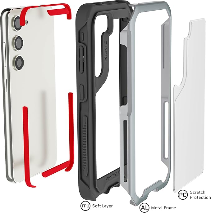 Ghostek Atomic Slim Galaxy S23 Case with Shockproof Military Grade Aluminum Bumper, Clear Back and Wireless Charging Compatible Phone Cover Designed for 2023 Samsung Galaxy S23 (6.1") (Silver)