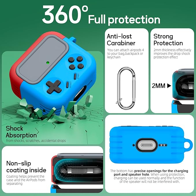 Inesore for Airpods 4 Case with Lock,Compatible with Airpods 4 with Active Noise Cancellation Cases,Classic Cool Funny Game Console Air pods4 Case Cover for Men Boy with Cleaner Kit(Red Blue) | with Locking, 2024, with Cleaner Kit, for Men Boy