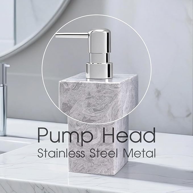 2 Set Real Natural Marble Soap Dispenser with Stainless Steel Pump – Decorative Liquid Hand Soap Bottle for Kitchen & Bathroom, Compatible with Lotion, Dish Soap & Shower Gel (Grey)