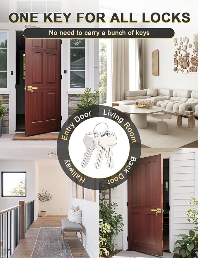 4 Pack Brushed Gold Entry Door Levers with Lock and Key, Satin Brass Keyed Alike Lockset Combo Pack, Entrance Door Handles for Office and Front Door, Door Knobs Lockset (Each with 3 Keys)