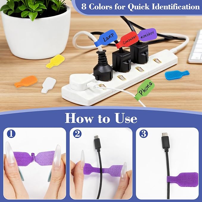 MAQIHAN 25PCS Reusable Cable Labels - Writable Cord Labels for Electronics, 8 Colors Cable Tags for Wire Management, Waterproof Multi-Purpose Cord Tags for Identification, 1.7 x 0.78 Inch