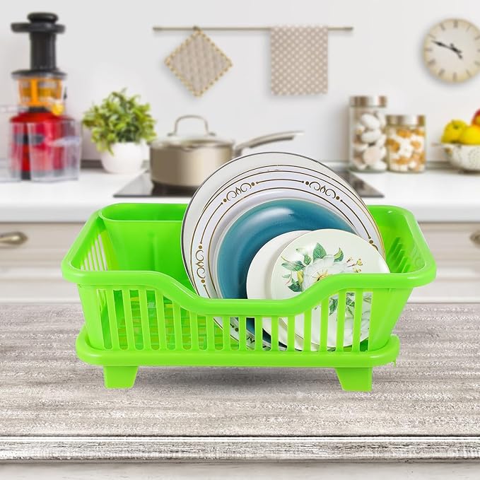 Multifunction Kitchen Cutlery Holder Plastic Tableware Draining Rack with Side Drain Tray for Bowls Plates Milk Bottles Sink Organizer in Green Medium