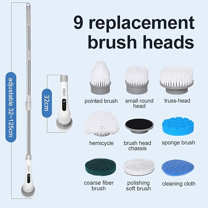 Electric Spin Scrubber, Cordless Cleaning Brush Scrubber for Home, 9 Replaceable Brush Heads, 50Mins Work Time, 3 Adjustable Size, 3 Strong Speeds for Bathroom Shower Bathtub Car Glass, Gray Color
