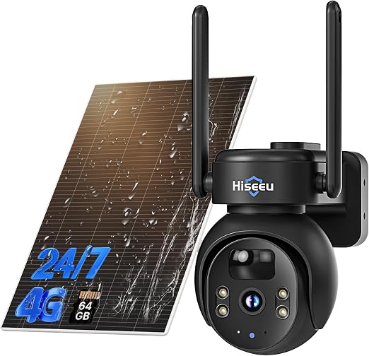 Hiseeu 4G LTE Cellular Security Camera Solar Powered, No WiFi Security Camera Wireless Outdoor, 24/7, PIR Motion, 2 Way Talk, 360° PT, 2K Color Night Vision, 32G SD & SIM Card Included