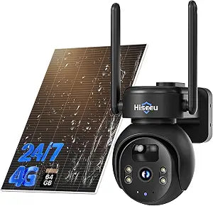 Hiseeu 4G LTE Cellular Security Camera Solar Powered, No WiFi Security Camera Wireless Outdoor, 24/7, PIR Motion, 2 Way Talk, 360° PT, 2K Color Night Vision, 32G SD & SIM Card Included