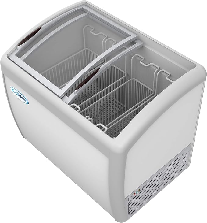 KoolMore - MCF-12C Commercial Ice Cream Freezer Display Case, Glass Top Chest Freezer with 4 Storage Baskets and Clear, Sliding Lid, Large 12.7 cu.ft Capacity, White