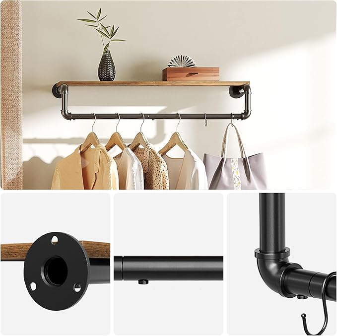 Pipe Clothes Rack, 31.5 in Wall Mounted Garment Rack with Top Shelf, Industrial Clothing Rack with Hanging Rod, Heavy Duty Detachable, Space Saver Hanging Clothes Rack, Rustic Brown FS08BRY1