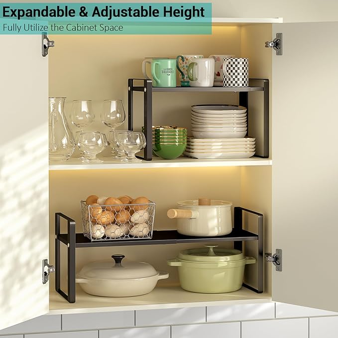 Expandable Kitchen Cabinet Organizer Shelves, Stackable Heavy Duty Metal Pantry Organizers, Adjustable Cabinet Shelf for Cupboard, Pantry & Under Sink Space Saver, Black, Patent Pending