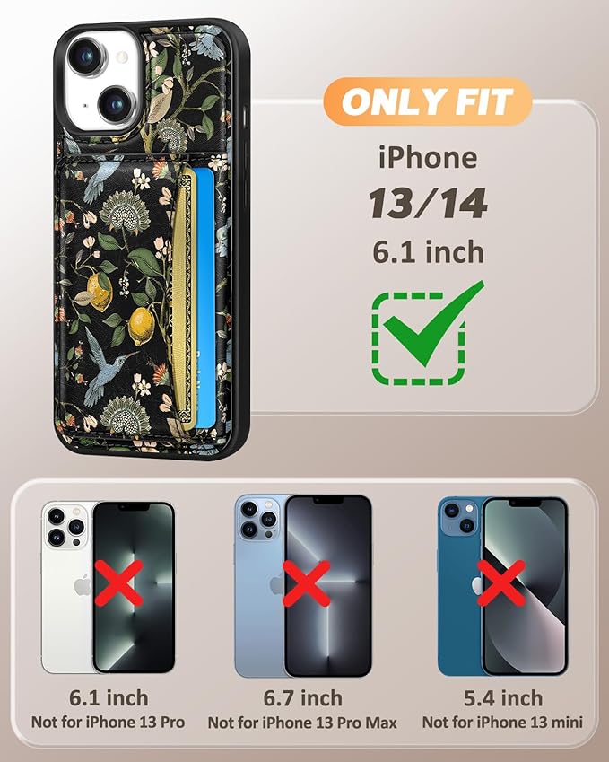 for iPhone 14/13 Case with Wallet - Fits 4 Card Slots, Compatible with MagSafe for Women Aesthetic Durable PU Leather Credit Card Holder Kickstand Phone Cover for Apple 14/13, Lemon Bird