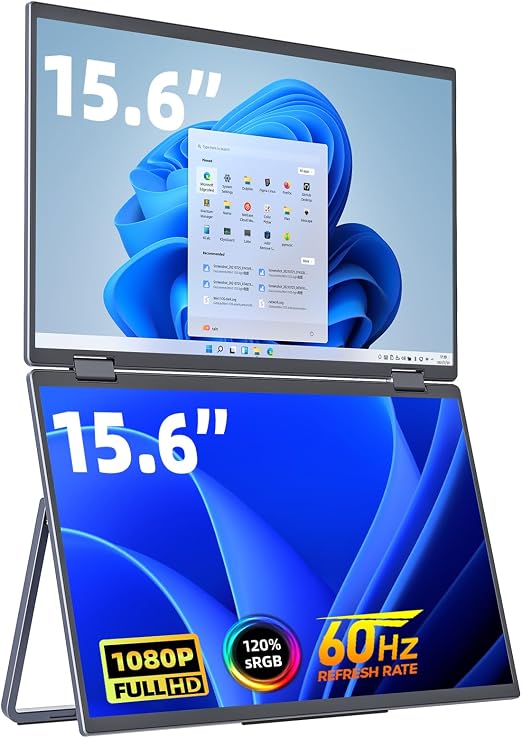 cocopar Portable Monitor Dual 15.6 Inch 1080P Travel Monitor with Speaker HDMI USB-C External Display for Laptop MacBook Surface PC Xbox PS4/5, VESA Mountable, with Stand