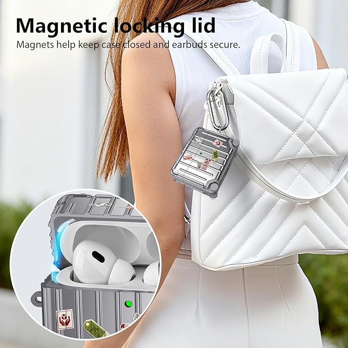 KOREDA Compatible with AirPods Pro 3 Case Cover, Cute Funny Suitcase Design Case for AirPods Pro 3rd Generation, Fashion Protective Hard Case for Women Men with Keychain and Cleaner Kit (Silver)