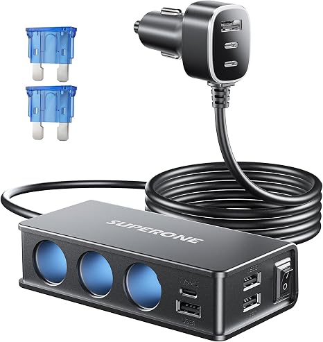 10 in 1 Cigarette Lighter Splitter, SUPERONE 3-Socket Adapter with 7 Ports