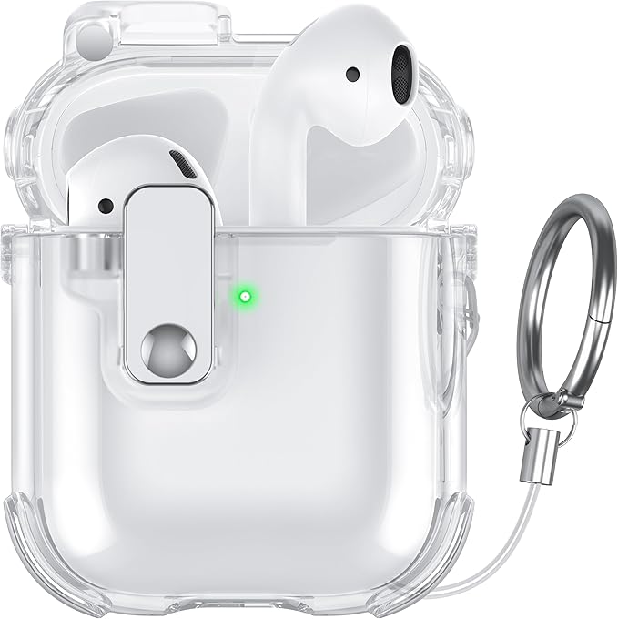 Case for AirPods 1/2 Case Cover with [Lock Safety & Pop Up][Military Shockproof] Anti-Yellow Transparent Soft TPU Wireless Charging for AirPods 1st/2nd Generation Case with Keychain,Clear