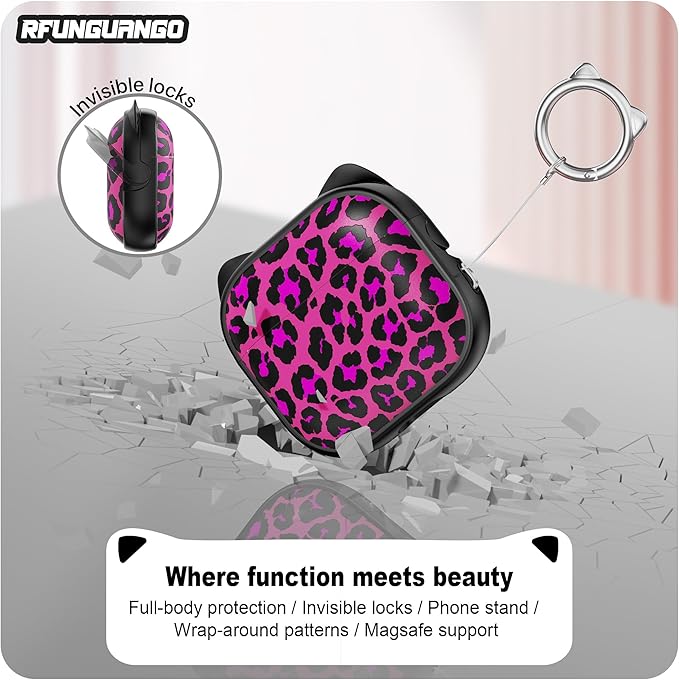 RFUNGUANGO AirPods 4 Case for Women Girly Cat Case with Lock, Phone Stand, Keychain & Cleaner Kit, Compatible with Apple Airpods 4th Generation Case Cover, Rose Red Leopard Print